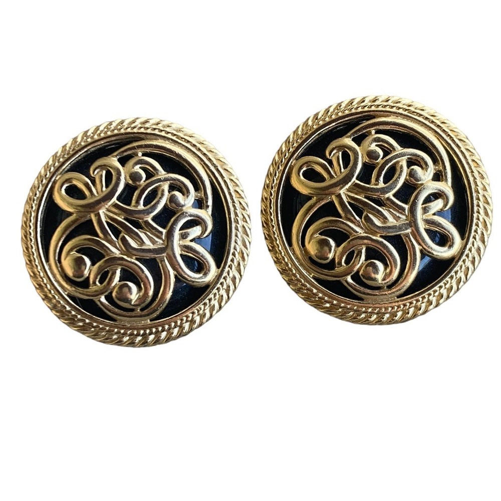 Vintage‎ Trifari Black Glass Gold Tone statement Clip On Earrings